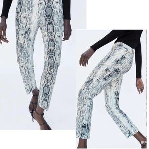Zara animal snake print slim fit ankle pants gray ivory white Sz S